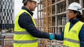 Dos responsables con casco se dan la mano a pie de obra