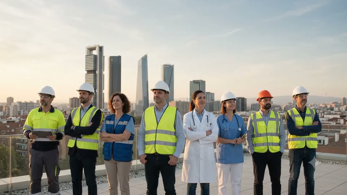 Grupo de tecnicos de prevencion y personal sanitario en una azotea, con el perfil de Madrid al fondo