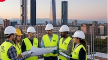 Trabajadores con casco y chaleco repasando un plano sobre una obra, con Madrid al fondo
