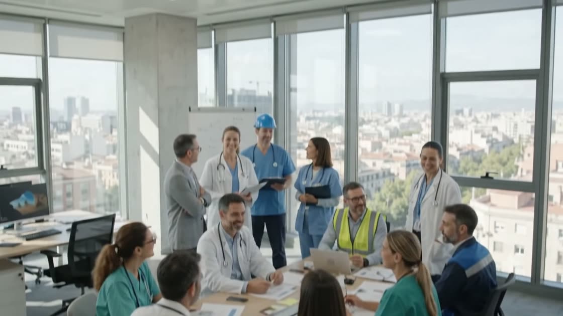 Reunion de trabajo entre personal sanitario y tecnicos de prevencion en una sala con vistas a la ciudad