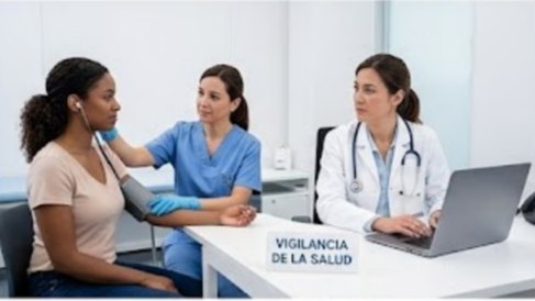 Enfermera tomando la tension a una trabajadora en una consulta de medicina del trabajo